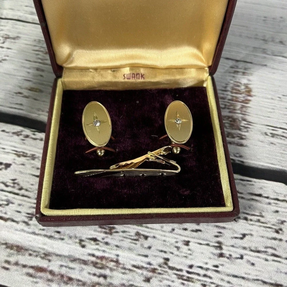 Swank Vintage Brushed Gold Faux Diamonds Mens Cufflinks & Tie Clip w/ Box
